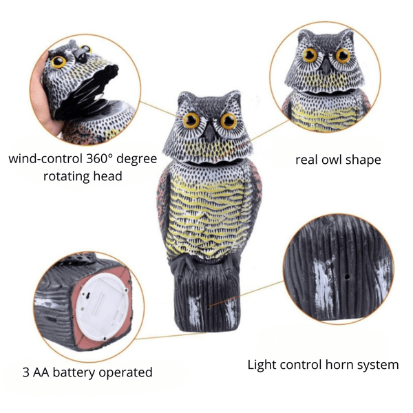 360° Rotating Owl Bird Deterrent with Sound – Outdoor Predator Decoy